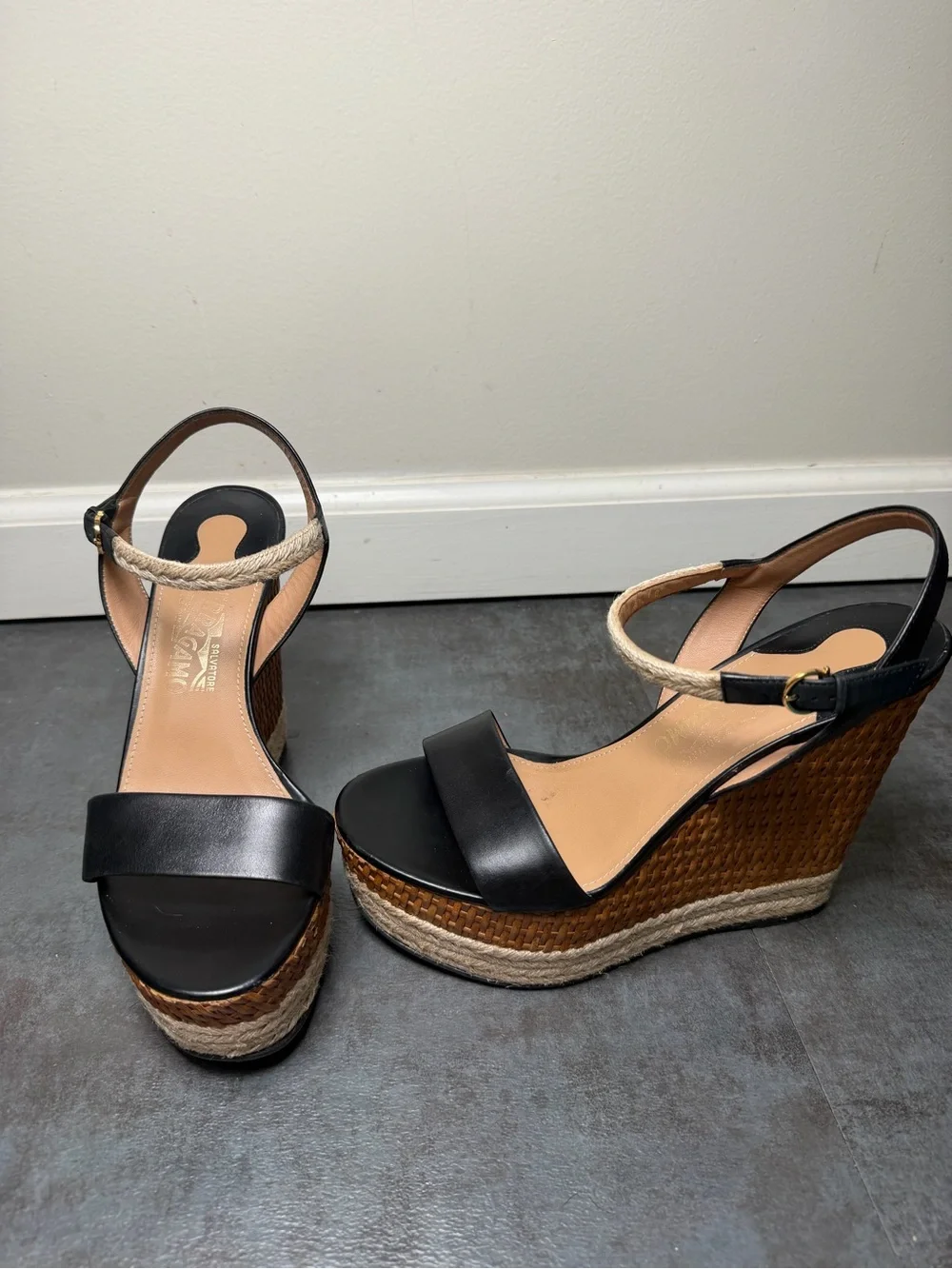 Salvatore Ferragamo Black Leather Espadrilles Wedge Sandal with Rope Ankle Strap